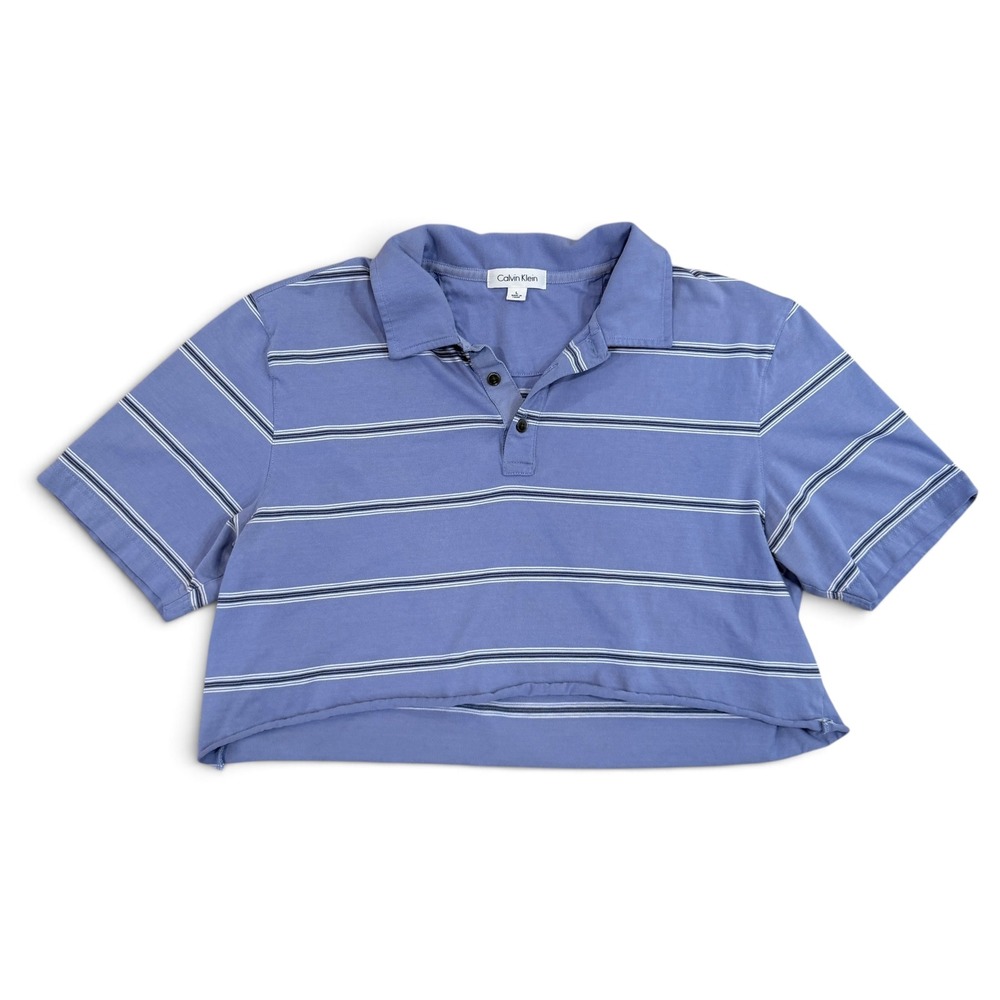 Calvin Klein Cropped Polo Shirt Blue Striped Short Sleeve Large